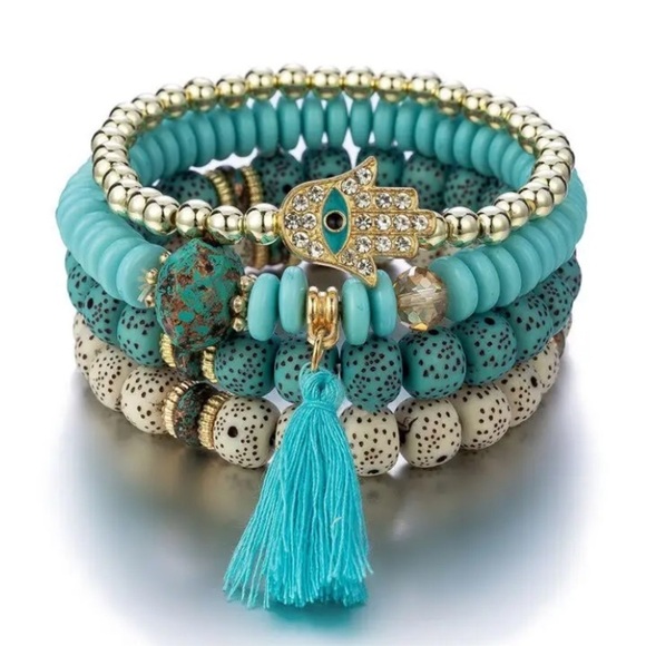 BeyouShop Jewelry - Aqua blue w gold boho beaded multilayered bracelet w Gypsy/protective eye